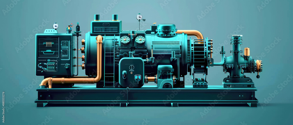 Poster flat design side view hydraulic compressor mechanism animation with complementary colors, mechanical