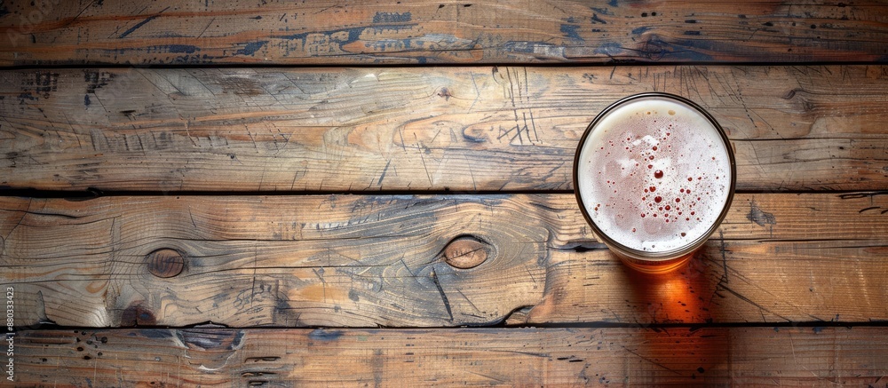 Poster Top view of a beer cup on a wooden surface with space for writing or images. with copy space image. Place for adding text or design