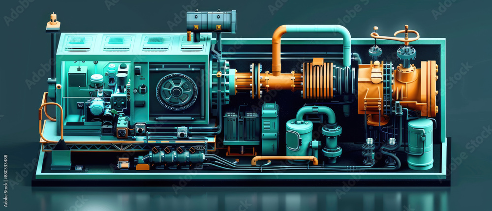Poster flat design side view mechanical theme animation of hydraulic compressor mechanism with complementar