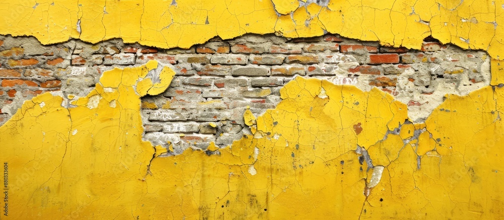 Poster fragment of an aged brick wall from a yellow ruined building shown in a copy space image for design 