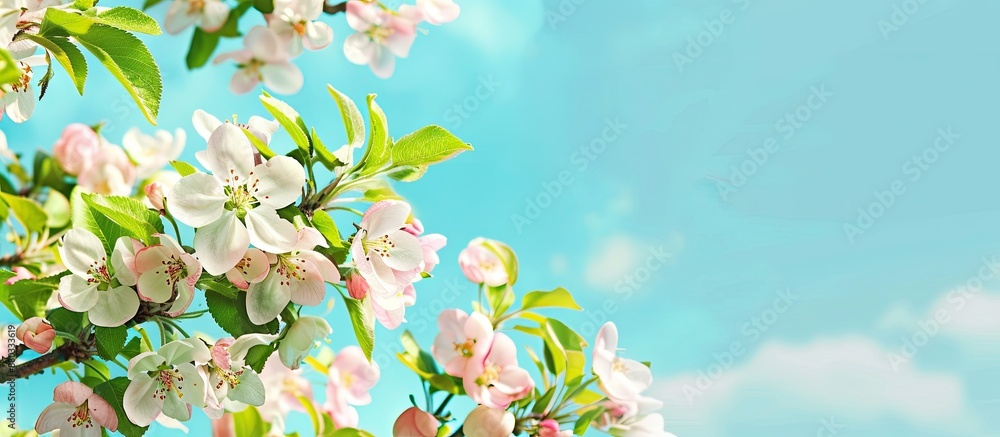 Aufkleber blooming apple tree flowers with foliage against a blue sky background and a joyful easter message i