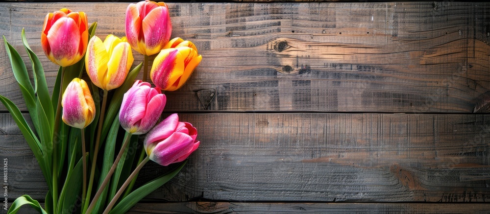 Aufkleber pink and yellow tulips on a wooden background create a charming greeting card with copy space image