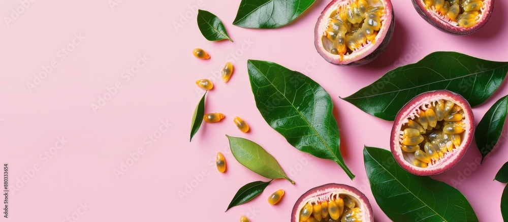 Poster passion fruit halves and green leaves on a pink backdrop for a flat lay composition with room for te