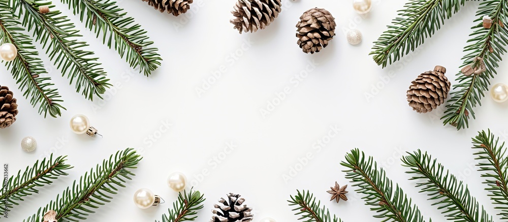 Poster Top down flat lay of a New Year greeting arrangement featuring pine branches cones and beads on a white background surrounded by a frame for a copy space image