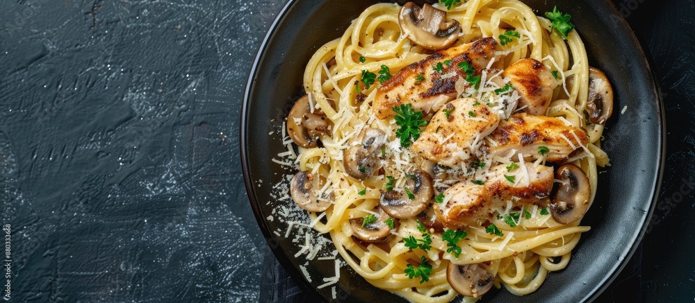 Poster a dish featuring pasta topped with cheese chicken and mushrooms presented on a dark backdrop providi