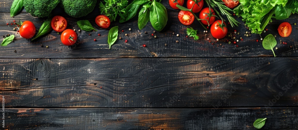 Fototapete top view of fresh vegetables on a dark wooden surface suitable for menus or recipes with a spacious 