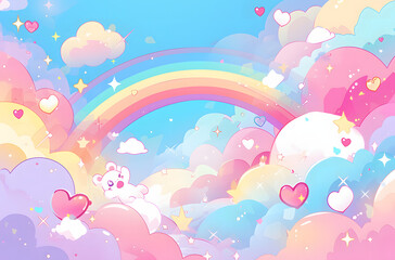 pastel background with pink, blue and purple clouds in the sky, rainbow and stars
