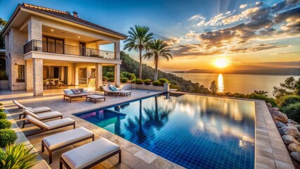 Fototapeta premium Exquisite Mediterranean villa featuring infinity pool, lavish furnishings, and breathtaking sea views, epitomizing opulence and sophistication in perfect harmony.