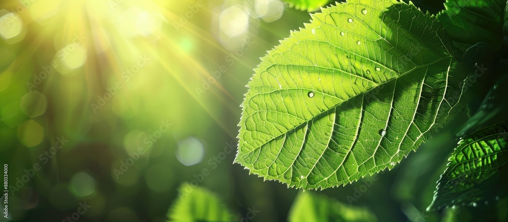 Poster Captivating natural imagery of a vibrant green leaf set against a softly blurred backdrop of foliage and sunlight perfect as a background or wallpaper with copy space image