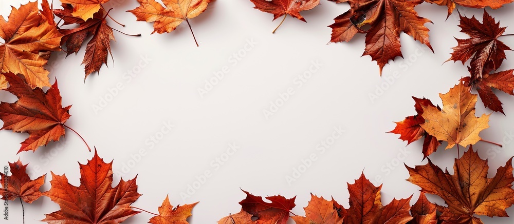 Fototapete Circular wooden frame with maple leaves bordering an empty center Positioned on white backdrop for a top down view serving as a decorative autumn copy space image