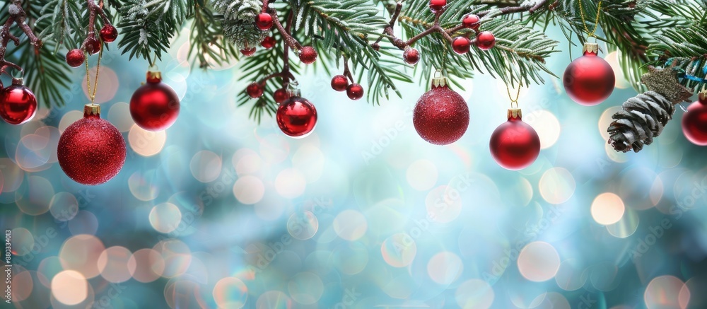 Poster red baubles adorning pine branches christmas tree garland and ornaments against an abstract bokeh ba