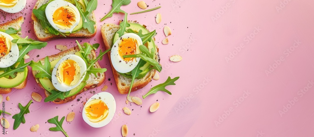 Fototapete delicious sandwiches featuring avocado arugula boiled eggs and mozzarella cheese on fried toast disp