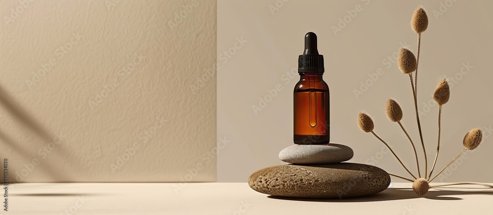 Poster Close up shot of a bottle of facial serum and spa stones displayed on a beige backdrop with room for text in the image. with copy space image. Place for adding text or design