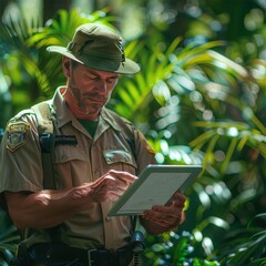 A park ranger monitoring wildlife on a digital tablet