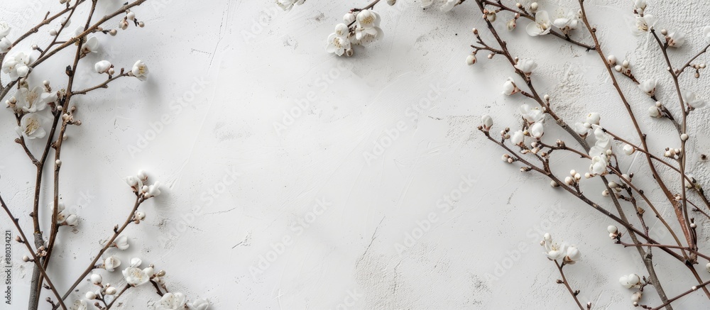 Poster Minimalist photography showing a circular arrangement of branches and flowers in a natural creative composition captured from above with room for text in the image. with copy space image