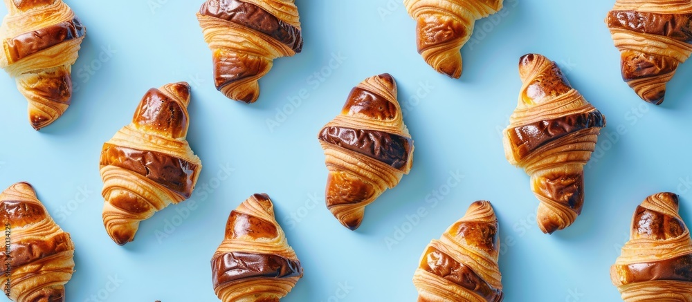 Poster Top down view of a tasty continental breakfast featuring numerous fresh chocolate filled croissants on a blue backdrop ideal for adding text alongside the image. with copy space image