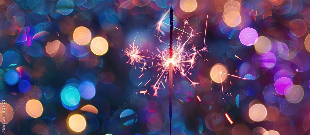 Poster A festive sparkler illuminating a background of abstract circular bokeh resembling Christmas lights creating a celebratory atmosphere with copy space image