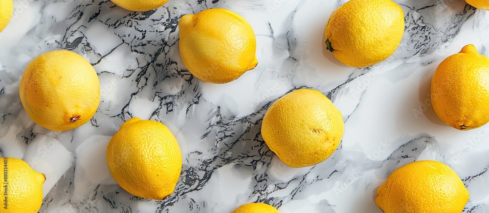 Poster lemons arranged on a marble surface in a flat lay composition with copy space image