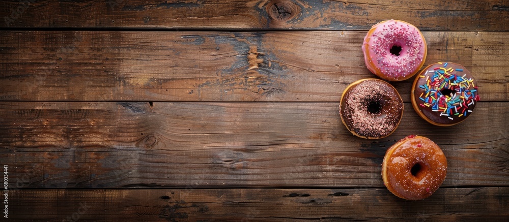 Leinwandbilder donuts are displayed on a wooden surface with copy space image available for additional content