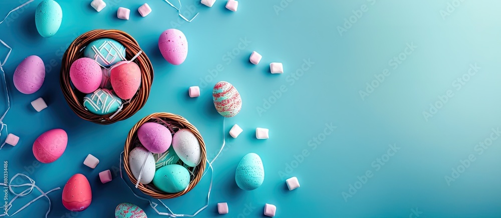 Poster modern easter composition featuring vibrant eggs in baskets with marshmallows ideal for trendy desig