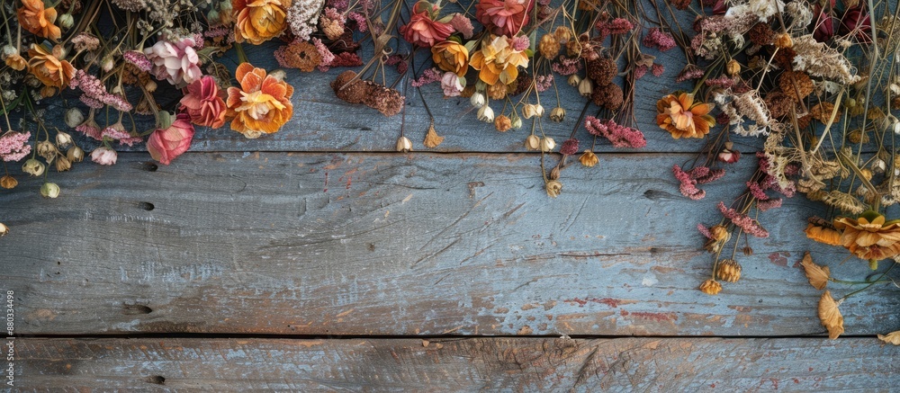 Aufkleber An arrangement of dried flowers displayed on a weathered wooden surface with ample copy space for adding text to the image
