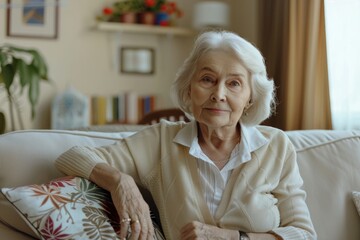 Active and mature elderly retired women at home for profile shots. Female retirees sit on the couch, look into the camera with a happy smile, enjoy retirement, talk on video conference calls,