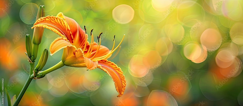Poster close up macro portrait of an orange daylily blossom and bud isolated against a blurred green backgr