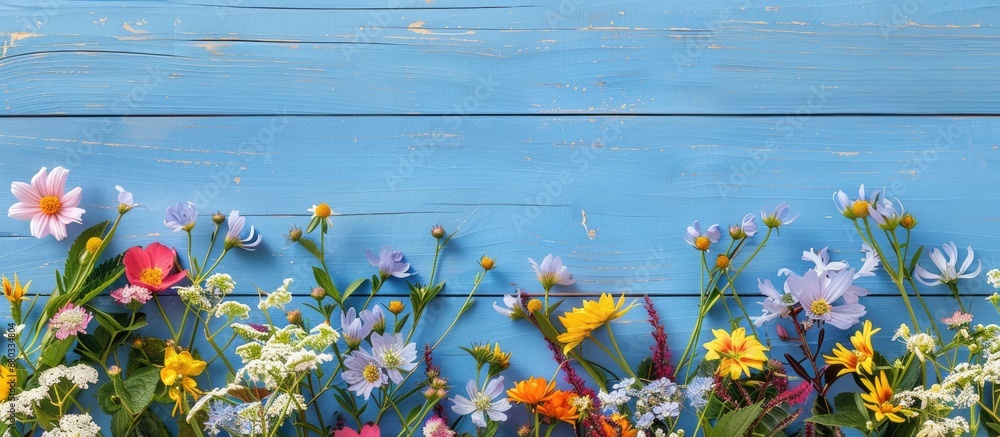 Poster Simple flatlay background with artificial spring flowers on a light blue wooden table providing copy space for a spring holidays greeting card image