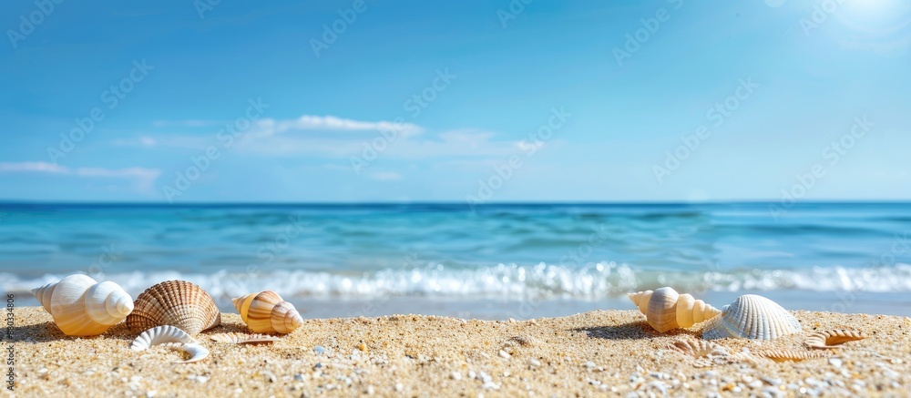 Aufkleber golden sand decorated with seashells creating a tranquil beach scene against a clear blue sky portra