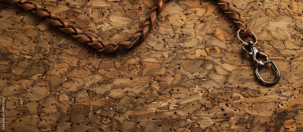 Poster lanyard with copy space image draped on textured cork surface