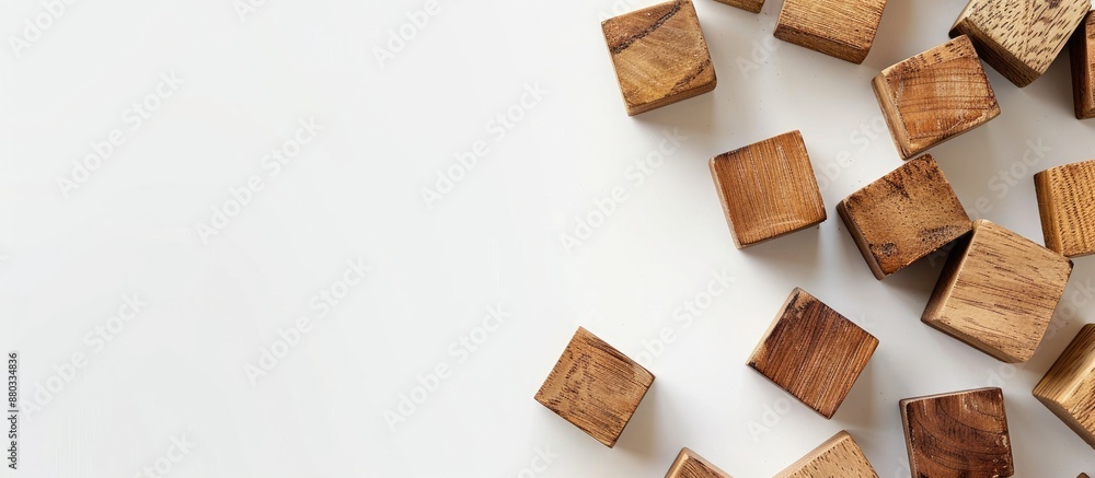 Poster natural wooden cubes on a white backdrop with copy space image