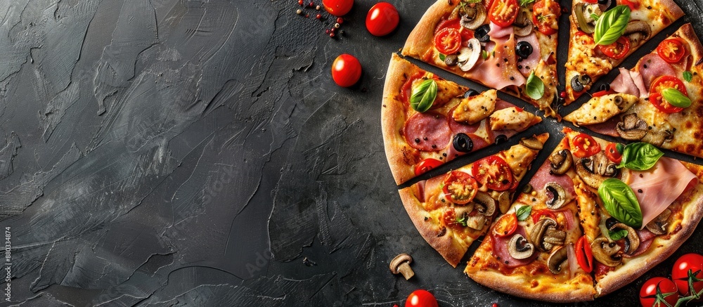 Aufkleber Pizza slices with cheese chicken ham mushrooms and tomatoes on a stone background for your text alongside the copy space image