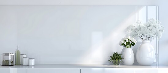 White ceramic kitchen backsplash in a modern home, minimalist design, sleek surfaces, contemporary decor, stylish interior, elegant elements, functional space, bright atmosphere.