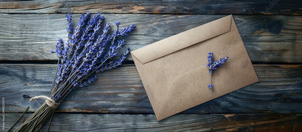 Poster Top view of a greeting card mockup with an envelope dry lavender flowers on a wooden background offering ample copy space for personalization adds a charming touch