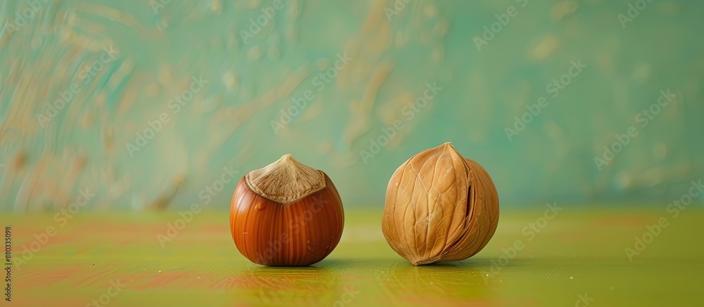 Poster a single hazelnut in its shell next to a shelled hazelnut set against a green and yellow backdrop in