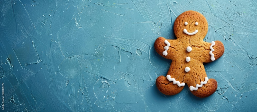 Poster gingerbread man on blue surface with copy space image available
