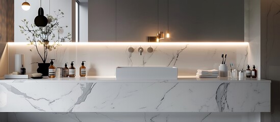White marble bathroom vanity in a sleek modern home, minimalist design, contemporary decor, elegant surfaces, stylish interior, functional space, chic elements, bright atmosphere.