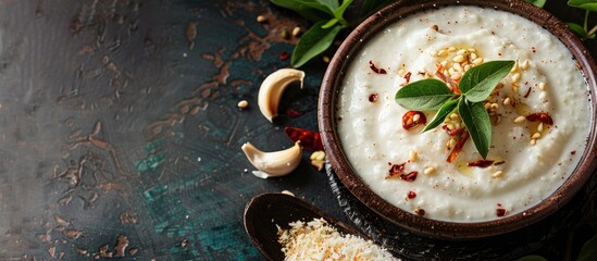 South Indian coconut chutney with mustard dry chili and curry leaves is a delicious main dish a copy space image would demonstrate its rich flavor