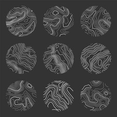 Topographic map with contour lines. Geographic terrain grid, relief height elevation. Ground path pattern. Travel and navigation, cartography design element. Vector illustration
