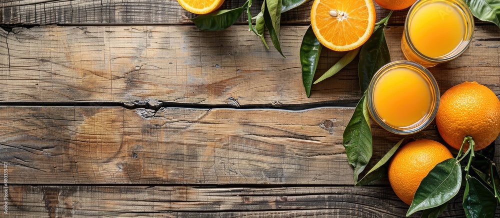 Fototapete fresh oranges and a glass of orange juice presented on a rustic wooden backdrop with space for addin