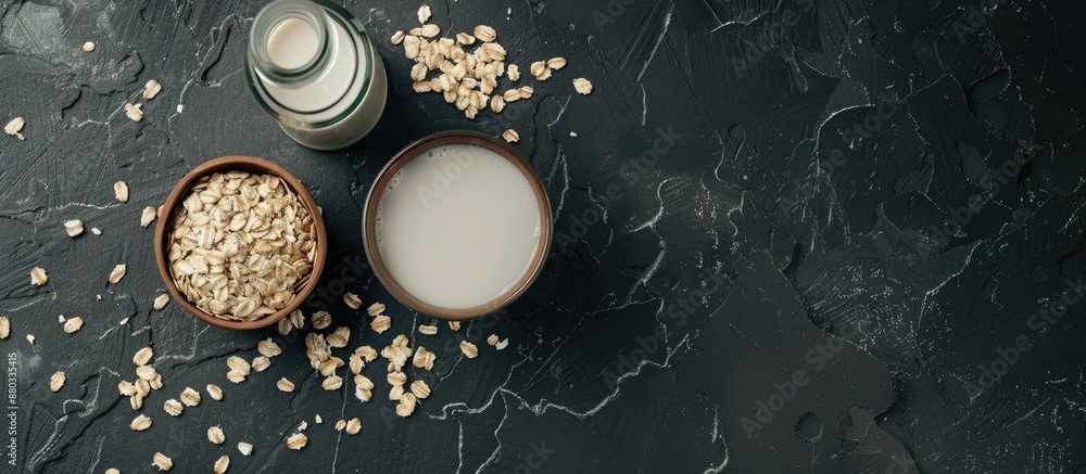 Aufkleber copy space image featuring vegan oat milk a non dairy alternative in flakes displayed in a ceramic b