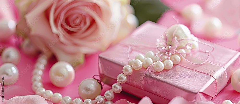 Poster a pink background with a gift box pearls and a rose provides an elegant setting for your design maki