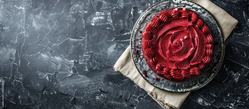 Poster Red velvet cake atop a dark gray concrete surface with a canvas napkin allowing for a copy space image