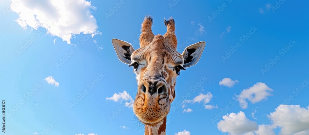 Poster giraffe in close up with blue sky background ideal as copy space image