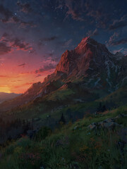 A vibrant sunset paints the sky with fiery colors behind a majestic mountain range