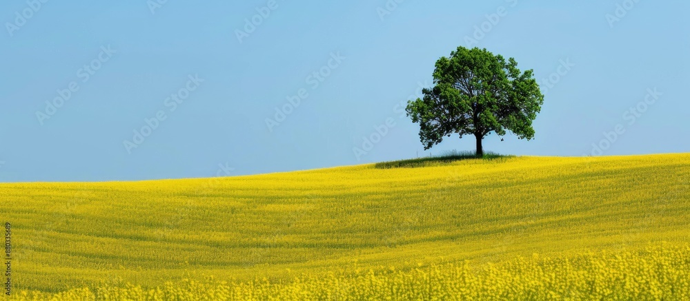 Poster Yellow rapeseed field with a tree grove on a hill provides a scenic view in this copy space image