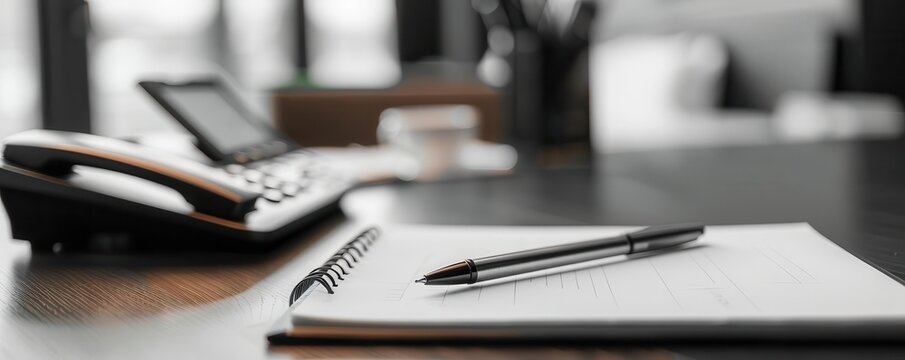 Closeup of a hotel rooms telephone and a notepad with a pen, ready for guest use, Modern, Black and White, Digital Painting, Professional touch