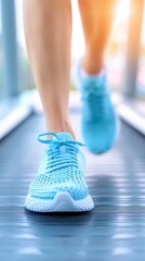 Close up of legs running on a treadmill in a fitness club, sunlight through a window