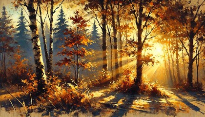 A tranquil autumn forest bathed in golden hour sunlight