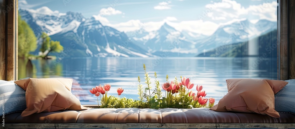Poster landscape of a sunny spring day with a retro brown window sill background adorned with pillows provi